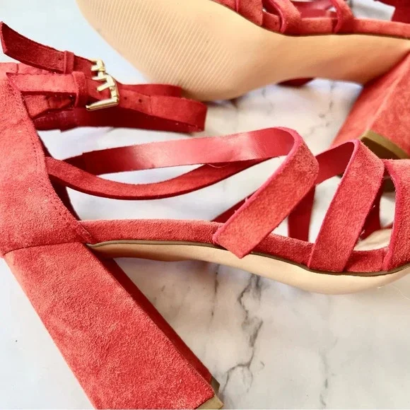 Bleecker & Bond Mindy Heels Womens Size 8 Cage Chunky Sandals Red Suede Strappy - Picture 8 of 12